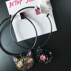 Betsey Johnson cat and rose hoop earrings.